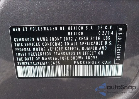 2014 Volkswagen Jetta 2.0L S из США, поврежденный, VIN 3VW2K7AJXEM418635